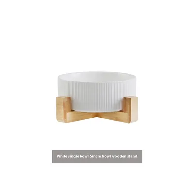 Pet Simple Wooden Frame Anti tumble Ceramic Bowl White Ribbon Wooden Frame - Shop at LoveMi