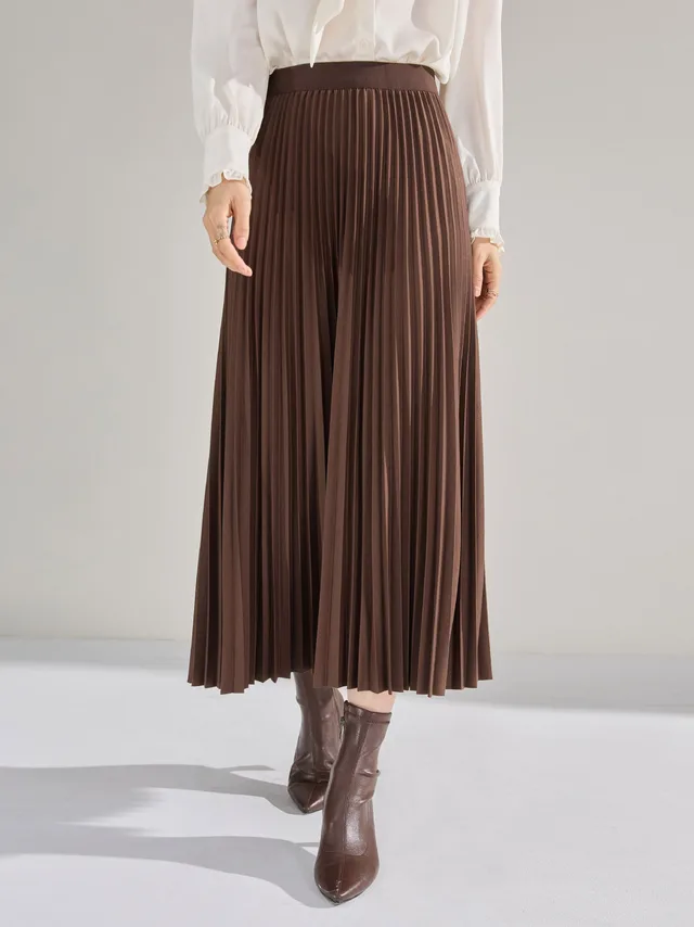 High Waist Fat Cover Slimming Pleated Skirt Brown - Shop at LoveMi