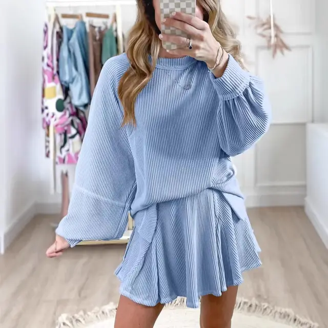 Solid Color Casual Loose Texture Long Sleeve Two piece Set Blue - Shop at LoveMi