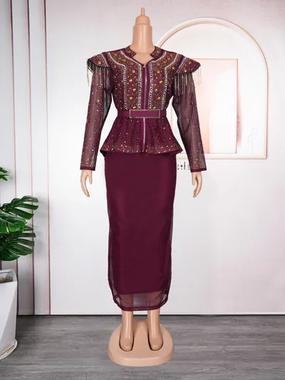 Solid Color Hot Drilling Plus Size Women's Skirt Two piece Set Purple - Shop at LoveMi