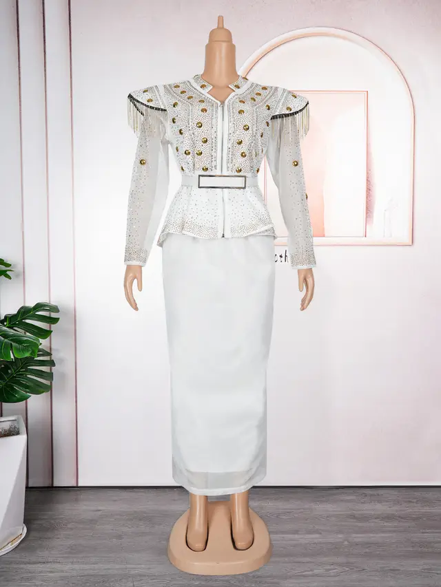 Solid Color Hot Drilling Plus Size Women's Skirt Two piece Set White - Shop at LoveMi