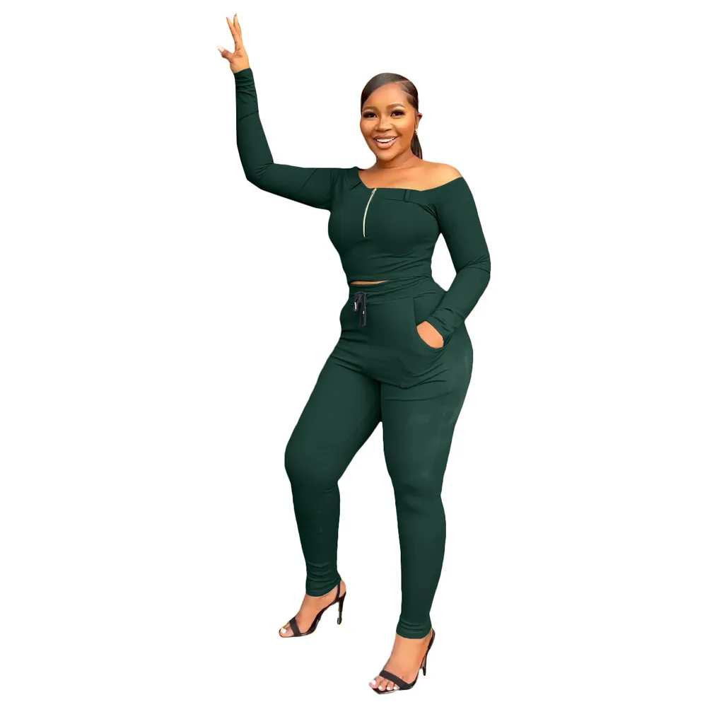 Women's Fashion Casual Exercise Off-shoulder Suit - Dark Green - View 1