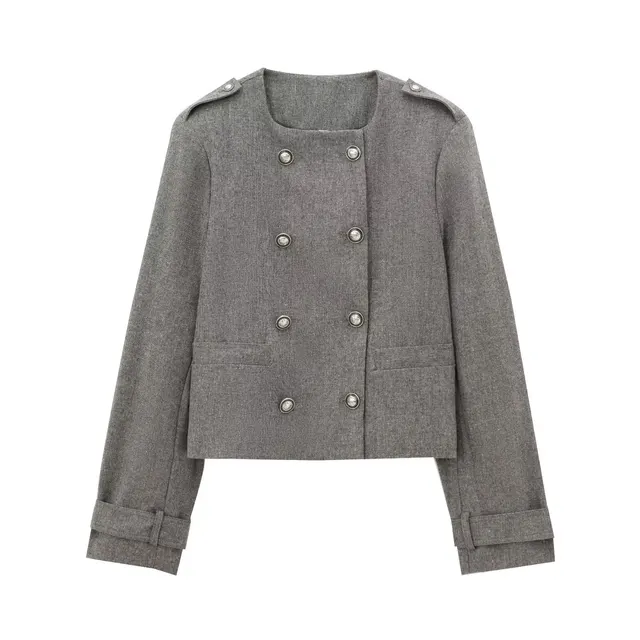 European And American Series Double breasted Blended Coat Width Pleated Skirt Gray Top - Shop at LoveMi