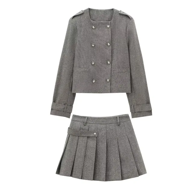 European And American Series Double breasted Blended Coat Width Pleated Skirt Set - Shop at LoveMi
