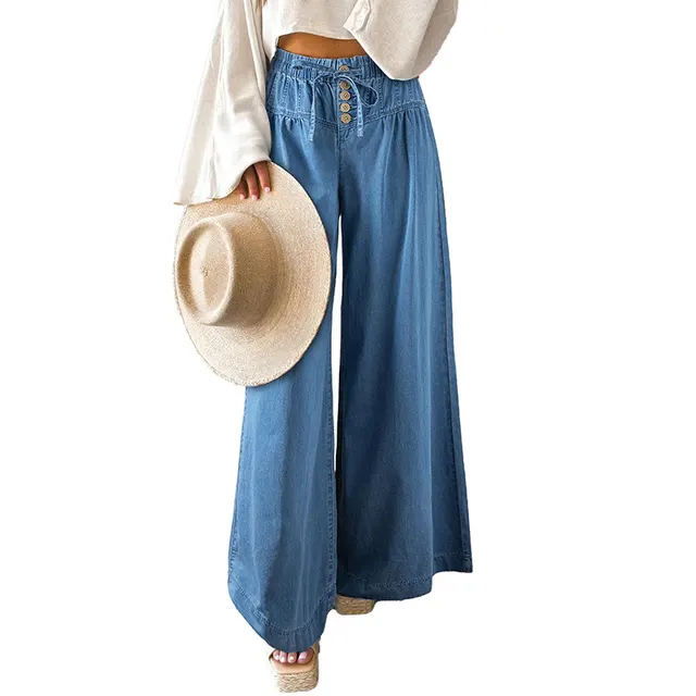 Solid Color High Waist Wide Leg Pants Women European And American Leisure Style Multi Button Jeans Women Lc7875043P704 - Shop at LoveMi