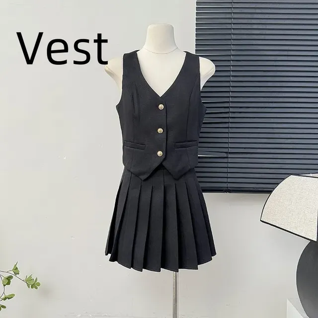 Summer High Waist Pleated Skirt Two piece Set Black Vest - Shop at LoveMi
