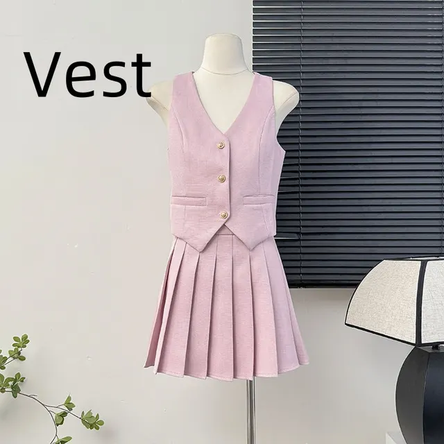 Summer High Waist Pleated Skirt Two piece Set Pink Vest - Shop at LoveMi