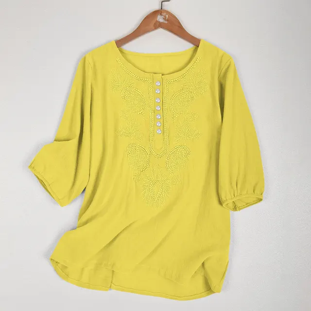 Artistic Retro Loose Design Embroidered Crew Neck Thin Cotton And Linen Women's Top Yellow - Shop at LoveMi