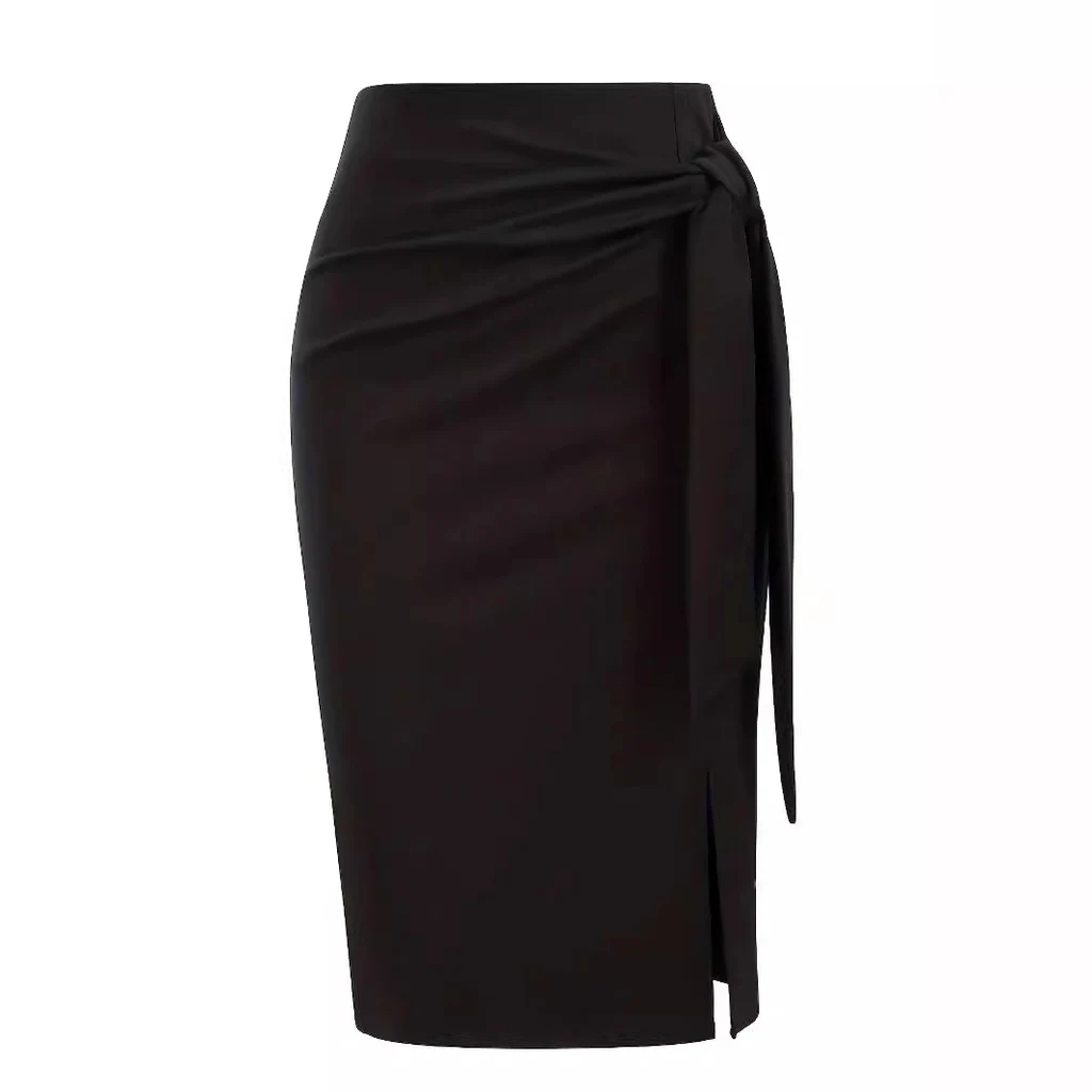 Solid Color High Waist Bow Knee-length Slit Skirt - Black