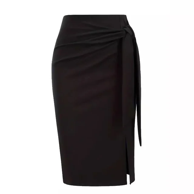 Solid Color High Waist Bow Knee length Slit Skirt Black - Shop at LoveMi