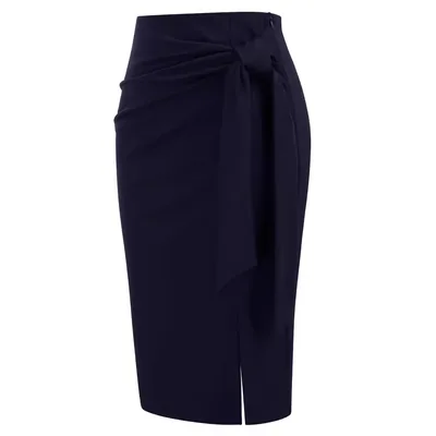 Solid Color High Waist Bow Knee length Slit Skirt Dark Blue - Shop at LoveMi