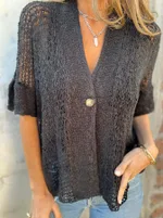 V-neck Single-button Half-sleeved Cardigan Hollow Out Knitted Tops For Women Clithing - Black