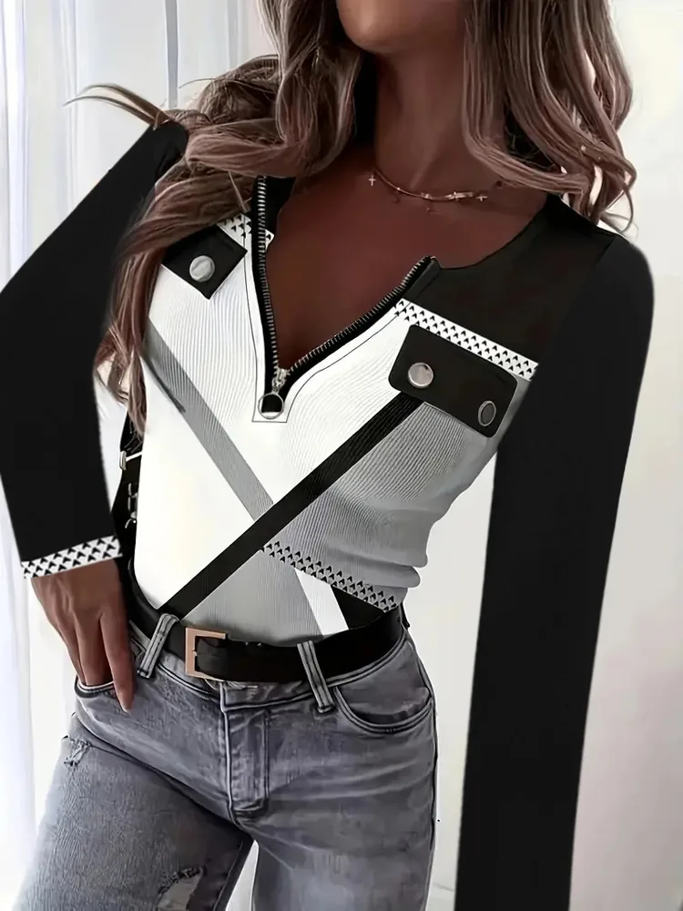 V-collar Contrast Color Printed Slim-fit Pullover Zipper Top - Black And Gray