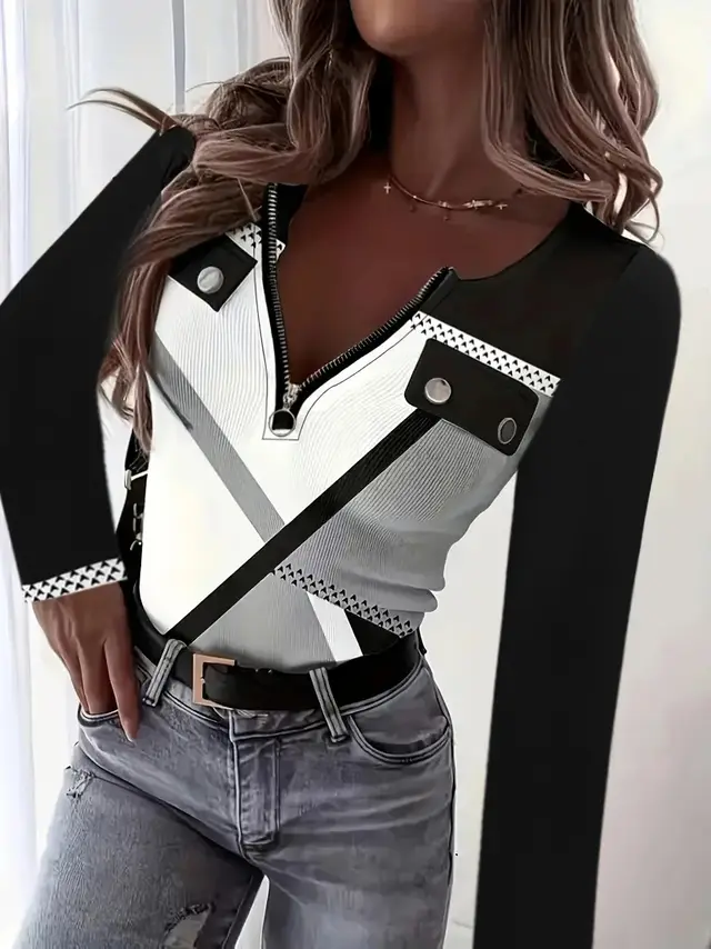 V-collar Contrast Color Printed Slim-fit Pullover Zipper Top - Black And Gray