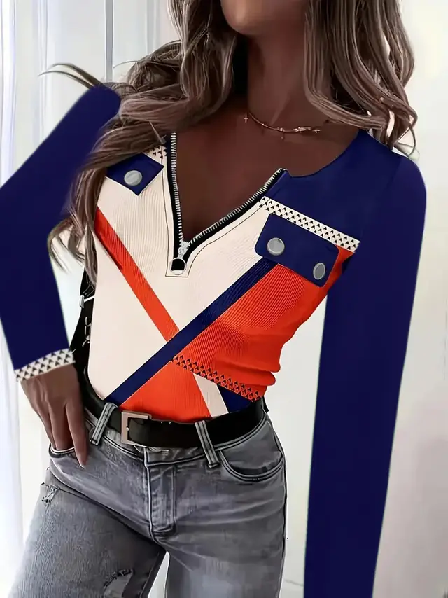 V collar Contrast Color Printed Slim fit Pullover Zipper Top Blue And Red - Shop at LoveMi