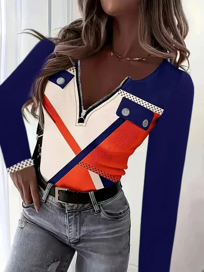 V collar Contrast Color Printed Slim fit Pullover Zipper Top Blue - Shop at LoveMi