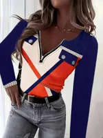 V-collar Contrast Color Printed Slim-fit Pullover Zipper Top - Blue