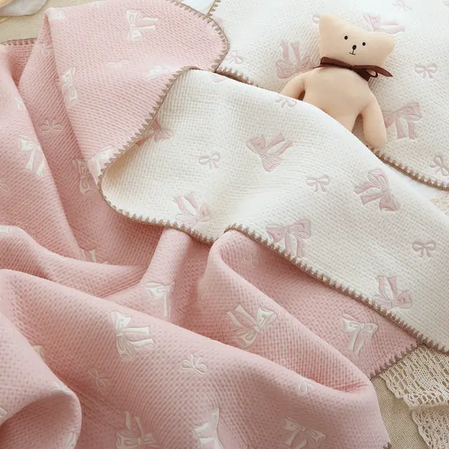 Cotton Handmade Embroidery Double sided Multifunctional Baby Blanket Pink Bow - Shop at LoveMi