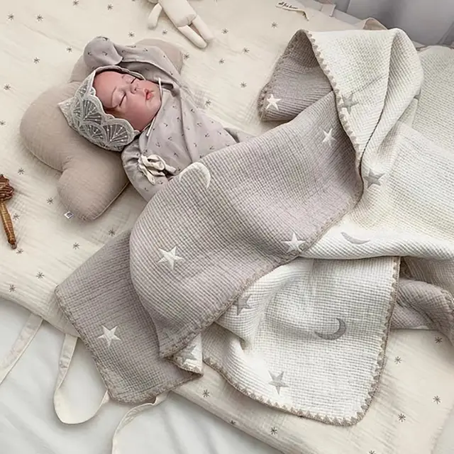 Cotton Handmade Embroidery Double sided Multifunctional Baby Blanket Star Moon Knitted Blanket - Shop at LoveMi