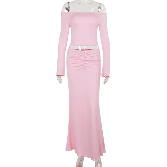 Off shoulder Top Mid length Dress Set Women Pink - Shop at LoveMi