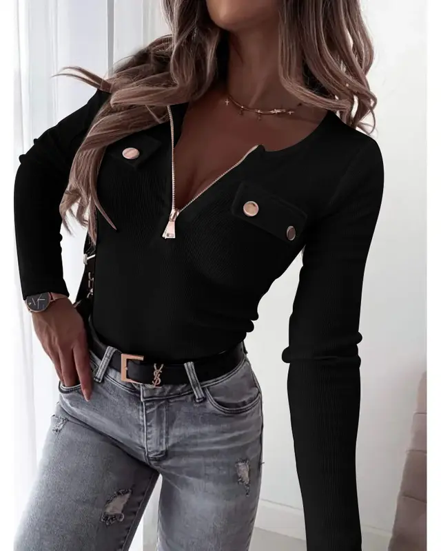 Knitted Slim fit Long sleeved Pullover Zipper Top Black - Shop at LoveMi