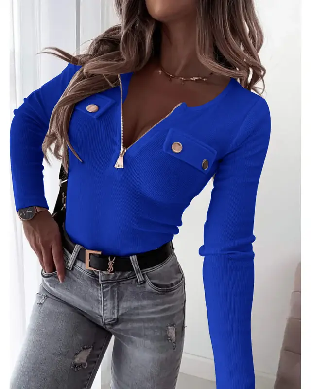 Knitted Slim fit Long sleeved Pullover Zipper Top Blue - Shop at LoveMi