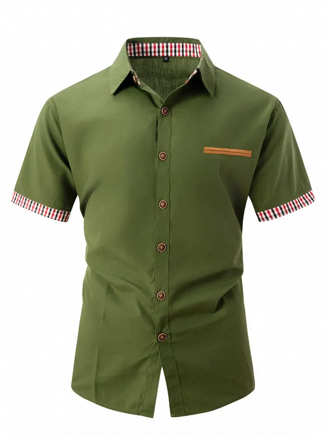 Summer Fashion Men's Plaid Colorblock Short Sleeve Army Green - Shop at LoveMi