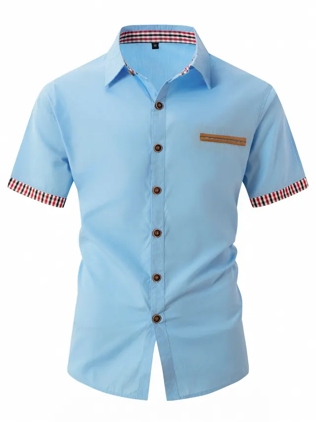 Summer Fashion Men's Plaid Colorblock Short Sleeve Sky Blue - Shop at LoveMi