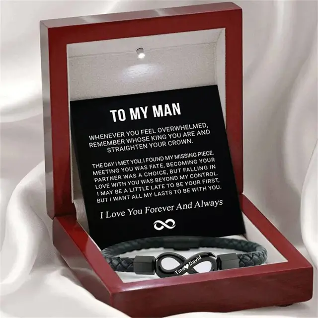 8 word Stainless Steel Black Handmade Leather Men's Bracelet Black Light Box - Shop at LoveMi