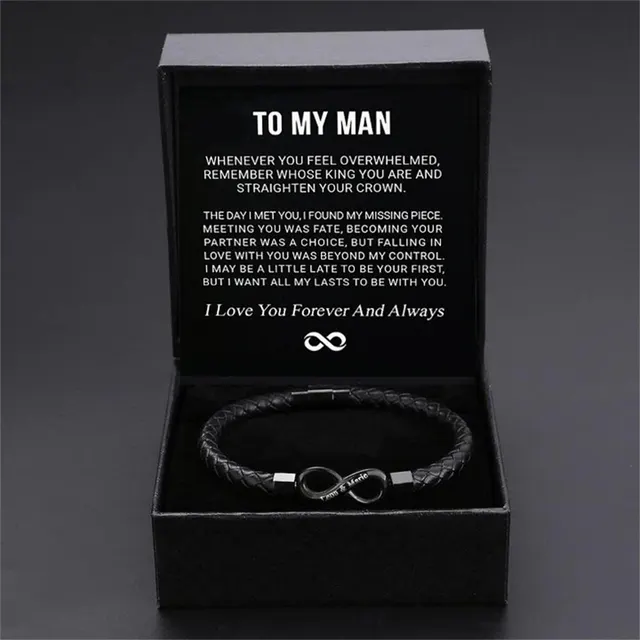 8 word Stainless Steel Black Handmade Leather Men's Bracelet Black Gift Box - Shop at LoveMi