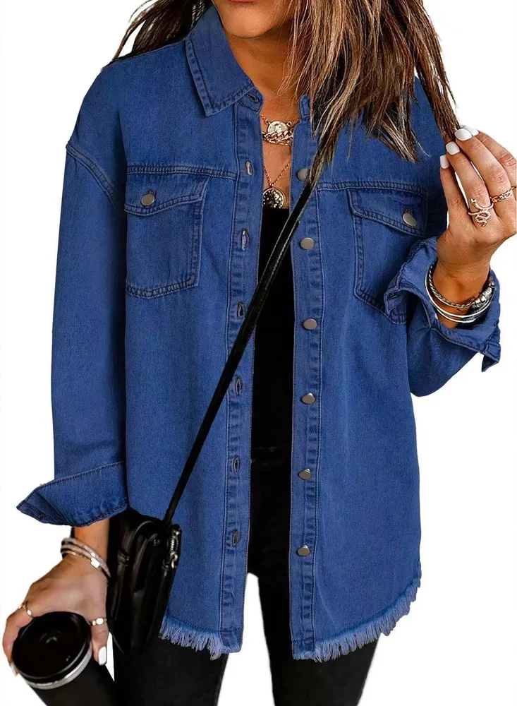 Washed Denim Shirt Jacket Women's European And American - Dark Blue - View 1