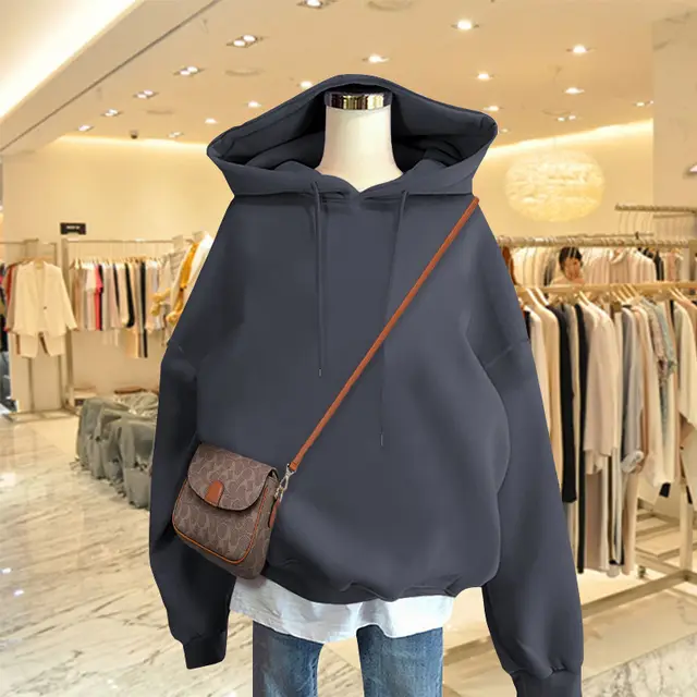 Little Bear Royal Blue Hooded Spring And Autumn Thin Sweatshirt Dark Gray Thin Solid Color - Shop at LoveMi