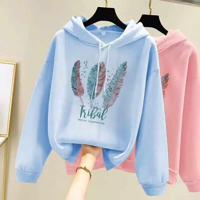 Hooded Sweater Thick Loose Long Sleeves Women Feather Blue - Shop at LoveMi