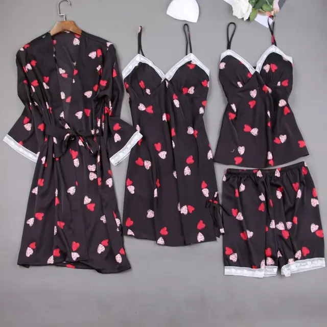 Silk Slip Nightdress Cute Printed Pajamas Suit Black - Shop at LoveMi