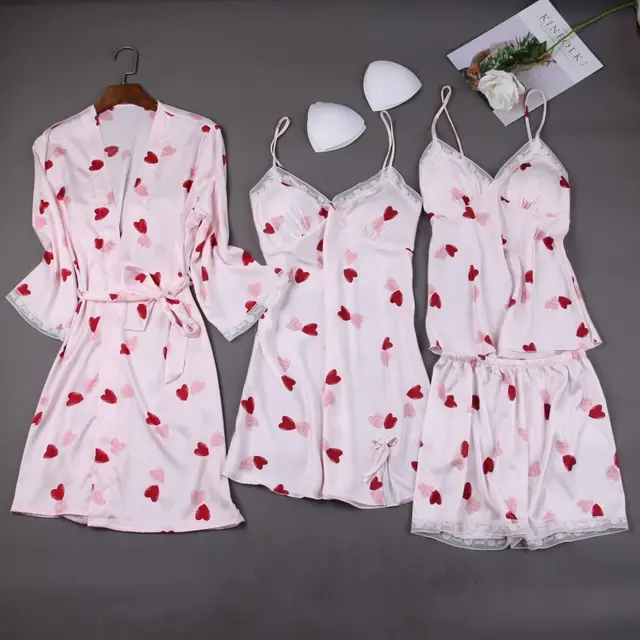 Silk Slip Nightdress Cute Printed Pajamas Suit Light Pink - Shop at LoveMi