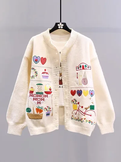 Japanese Cartoon Vintage Embroidered Sweater Coat Women's Autumn And Winter Knitting Cardigan Beige - Shop at LoveMi