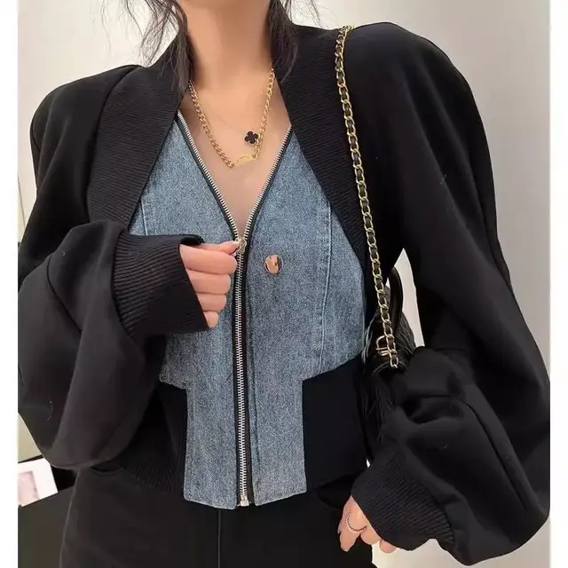 Black Denim Stitching Long Sleeve Short Coat For Women Black - Shop at LoveMi