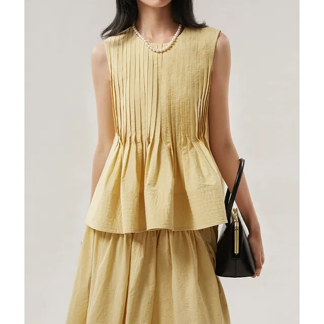 Woolen Cotton Tucker Pleats Sleeveless Bud Top Mid length Dress Set Beeswax Yellow Top - Shop at LoveMi