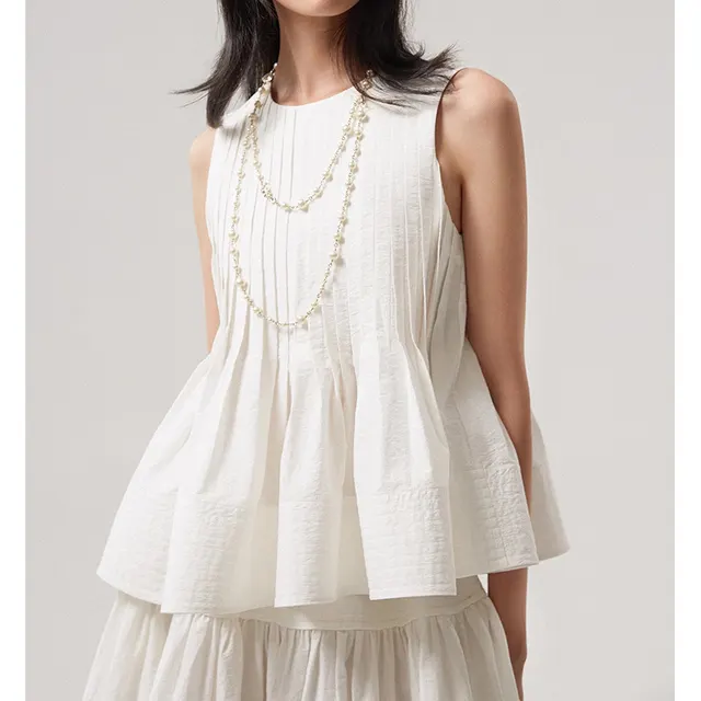 Woolen Cotton Tucker Pleats Sleeveless Bud Top Mid length Dress Set Linglan White Top - Shop at LoveMi