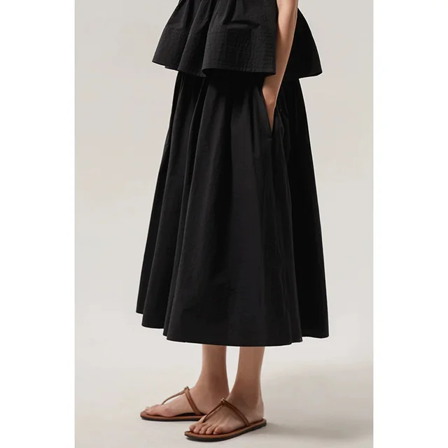 Woolen Cotton Tucker Pleats Sleeveless Bud Top Mid length Dress Set Swan Black Skirt - Shop at LoveMi