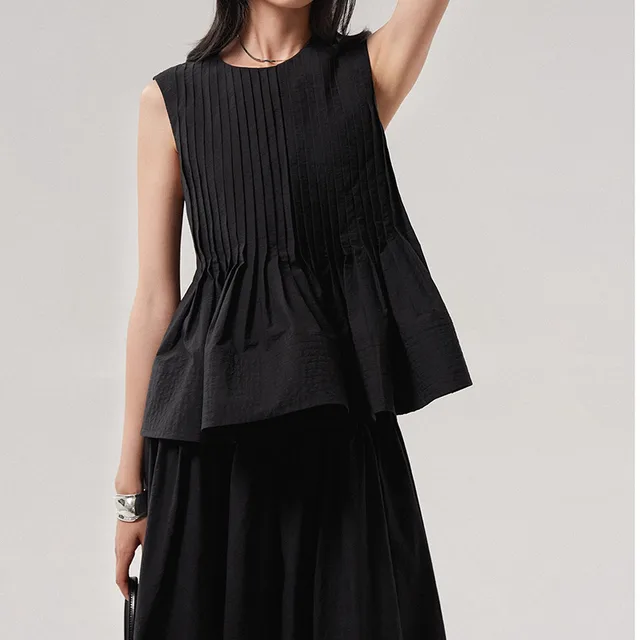 Woolen Cotton Tucker Pleats Sleeveless Bud Top Mid length Dress Set Swan Black Top - Shop at LoveMi