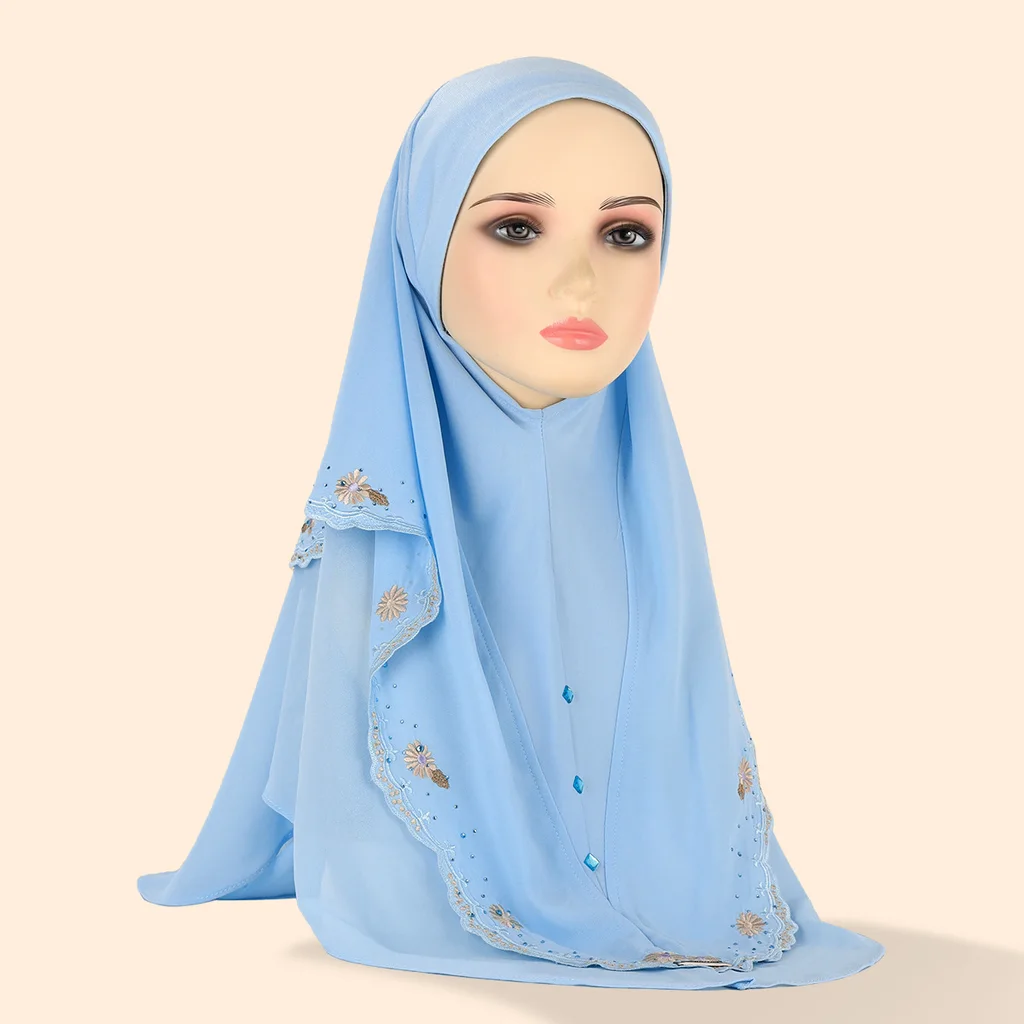 Women's Embroidered Lace Double-layer Chiffon Beading Cap - 18 Sky Blue