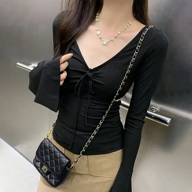Design Sense V neck Lace Up Hollow Butterfly Top Black - Shop at LoveMi