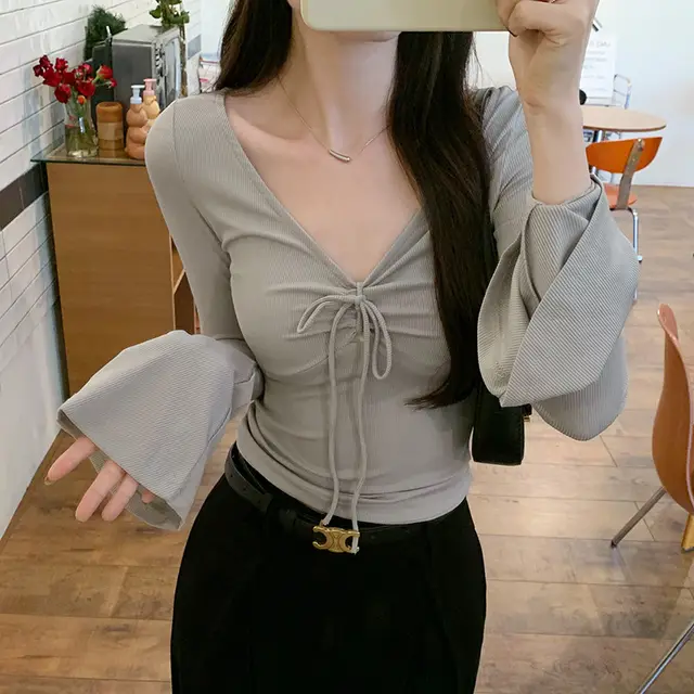 Design Sense V neck Lace Up Hollow Butterfly Top Gray - Shop at LoveMi