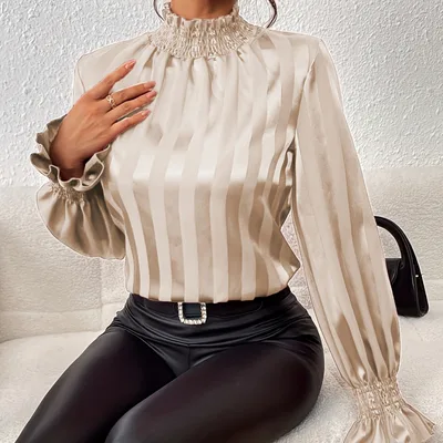 Women's Loose Long Sleeve Satin Smooth Turtleneck Shirt Apricot - Shop at LoveMi