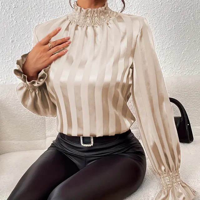 Women's Loose Long Sleeve Satin Smooth Turtleneck Shirt Apricot - Shop at LoveMi
