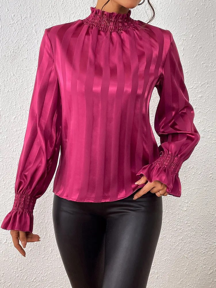 Women's Loose Long Sleeve Satin Smooth Turtleneck Shirt Wine - Shop at LoveMi