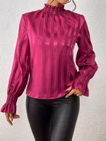 Women's Loose Long Sleeve Satin Smooth Turtleneck Shirt - Wine