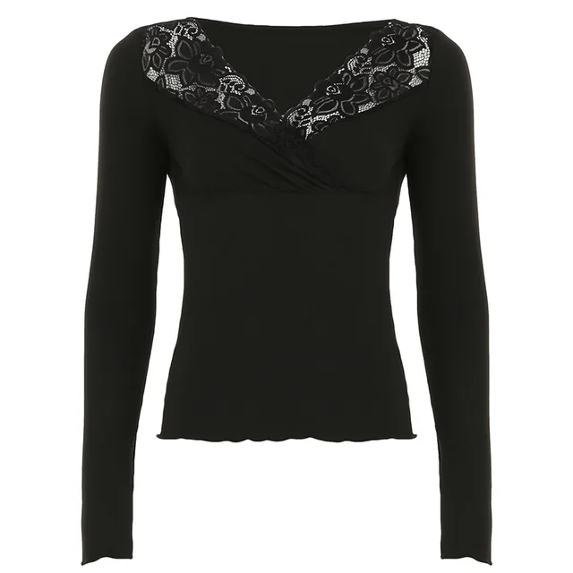 Lace Stitching Cross V neck Long Sleeve Black - Shop at LoveMi