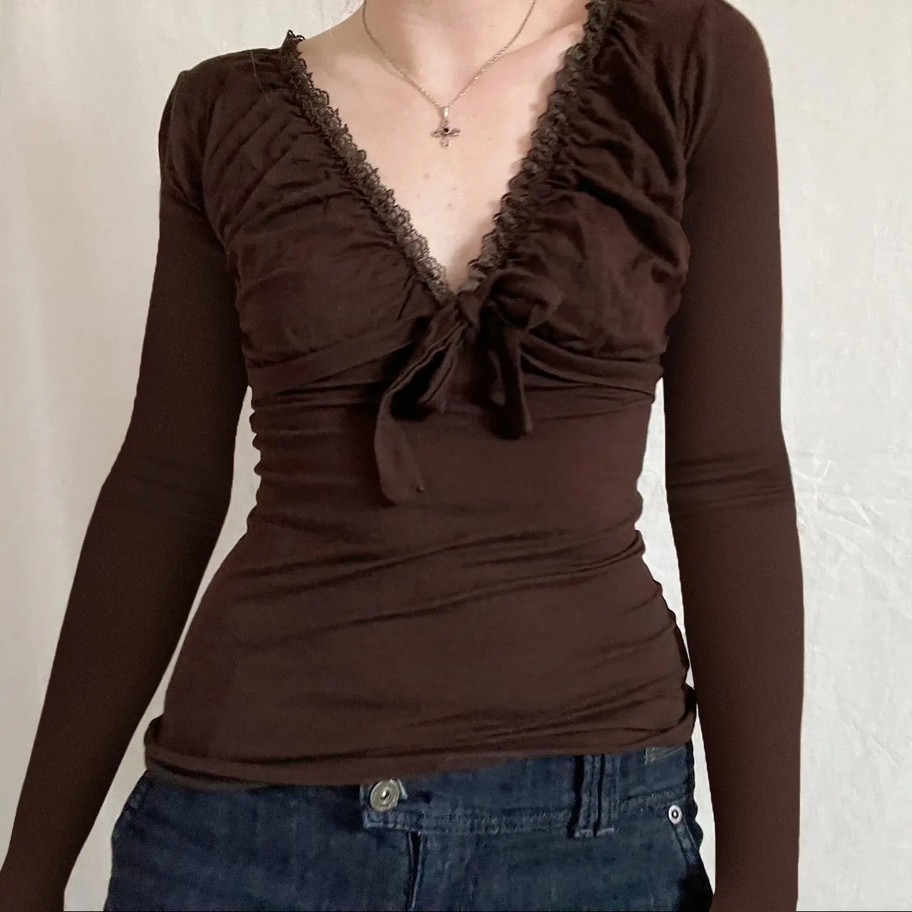 Summer New Tied Slim Fit Slimming Chest Micro Pleated Casual All-matching Tops - Wht22680 Brown Long Sleeve